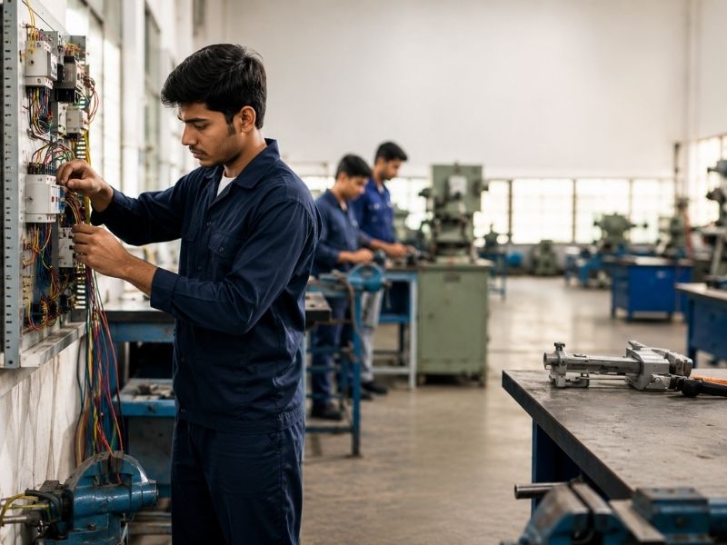 Students learning practical technical skills in workshop